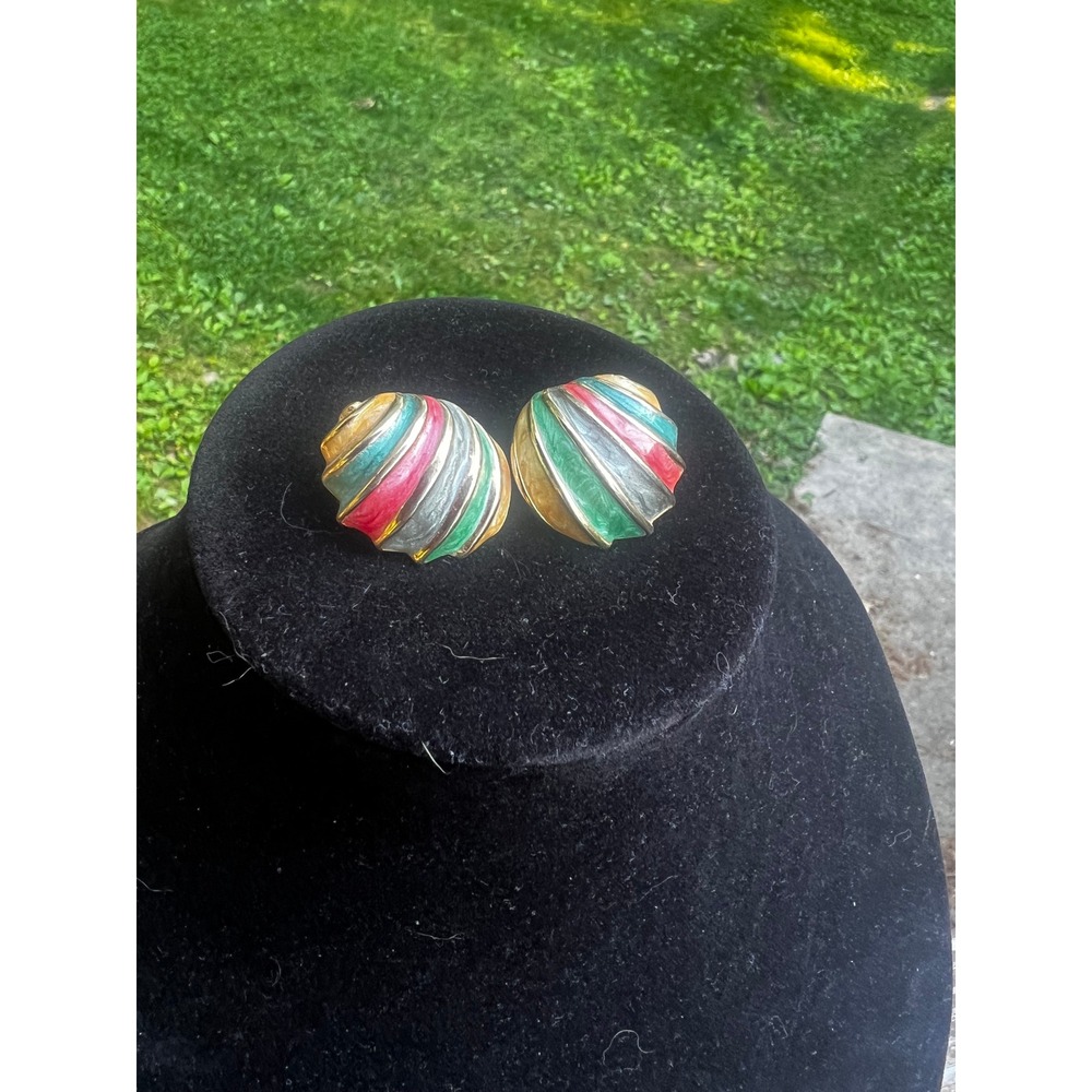 Vtg Gold Tone Enamel Shell Earrings Pink Green Teal Gray‎ Swirl Statement Studs